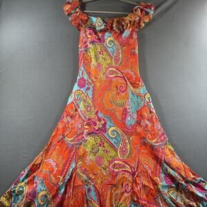 Ralph Lauren 100% Silk Bright Paisley Print Mermaid Off The Shoulder Size 8